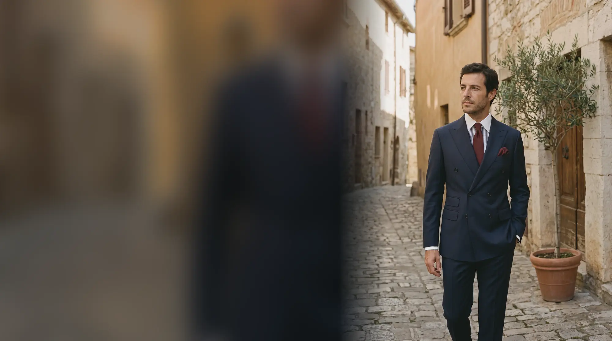 A man in a navy double-breasted suit walking a cobbled stone lane past an olive tree