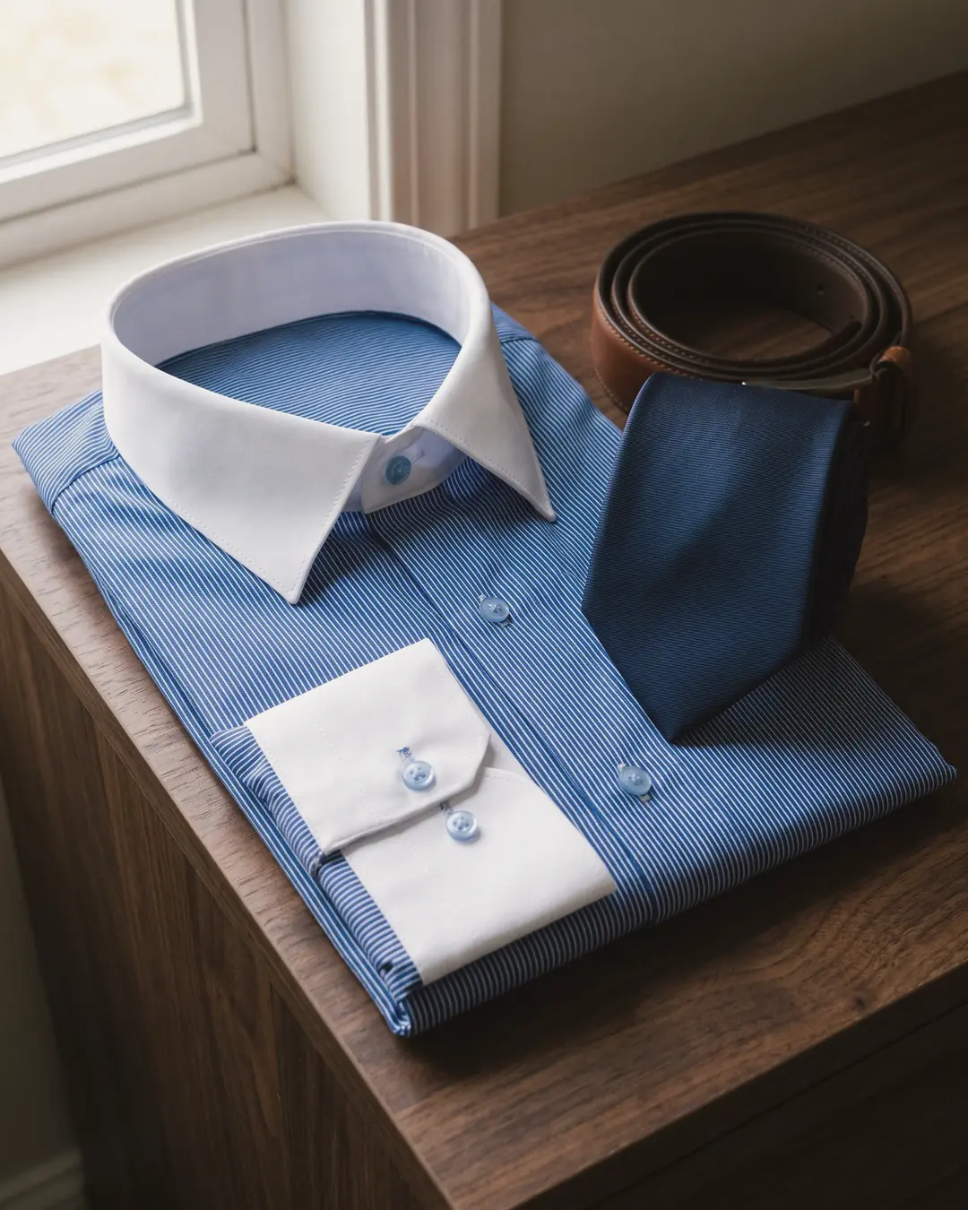 A blue striped shirt with a white collar and cuffs folded on a wooden dresser beside a tie and a belt