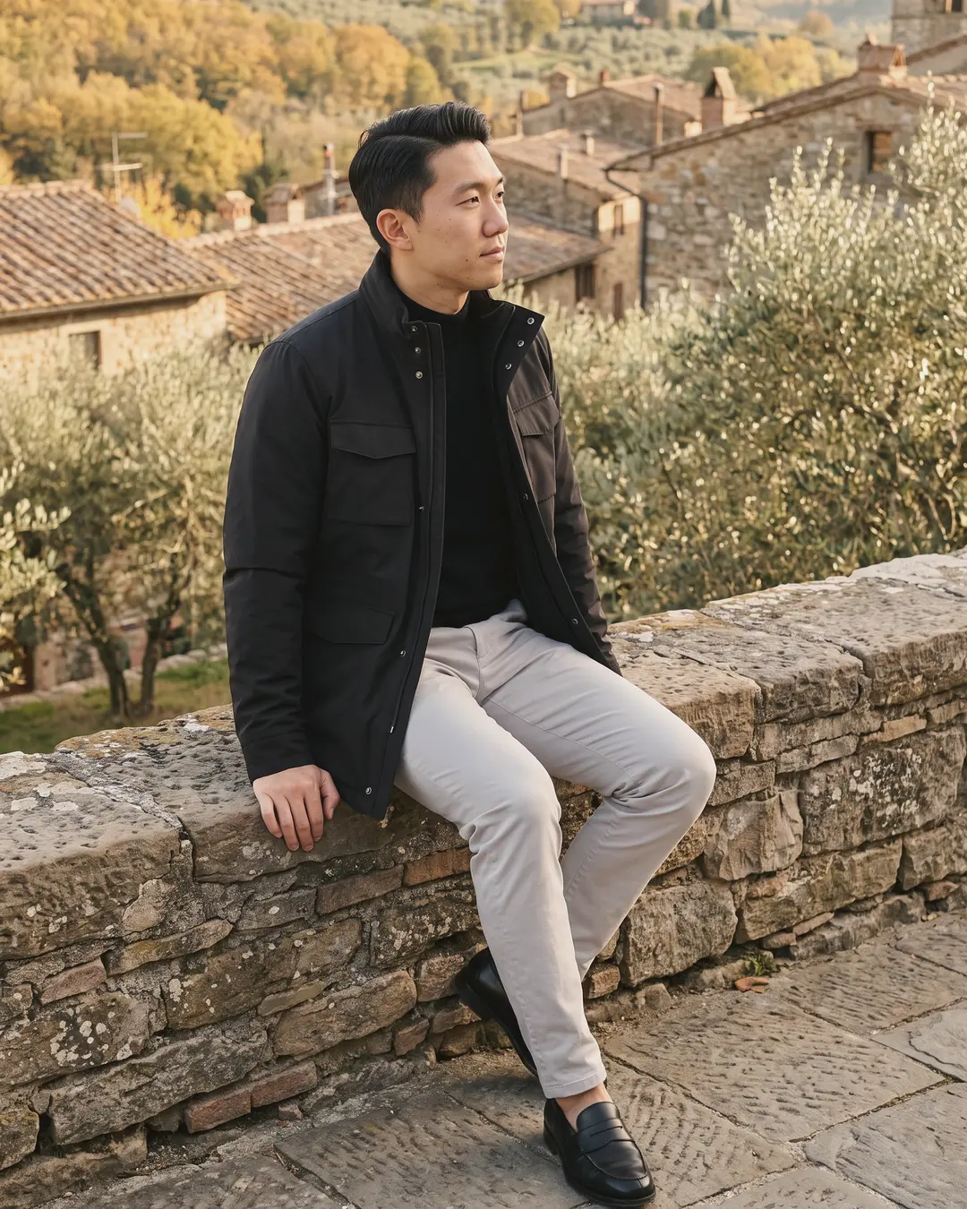 A man in a black field jacket over a black mock-neck, with light grey chinos and black loafers, sitting on a stone wall above olive groves