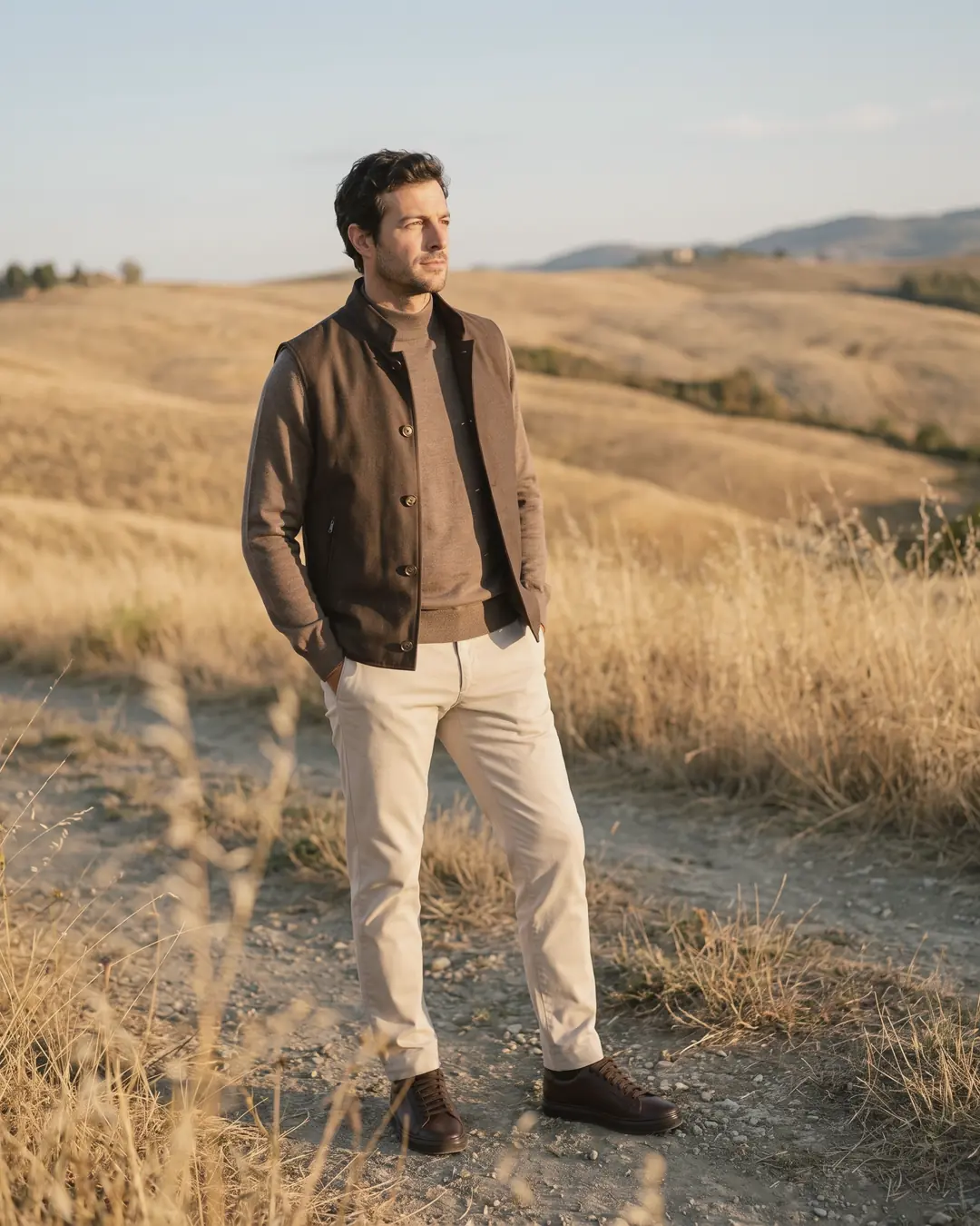 A man in a brown wool gilet over a taupe mock-neck and stone chinos in golden hills at sunset