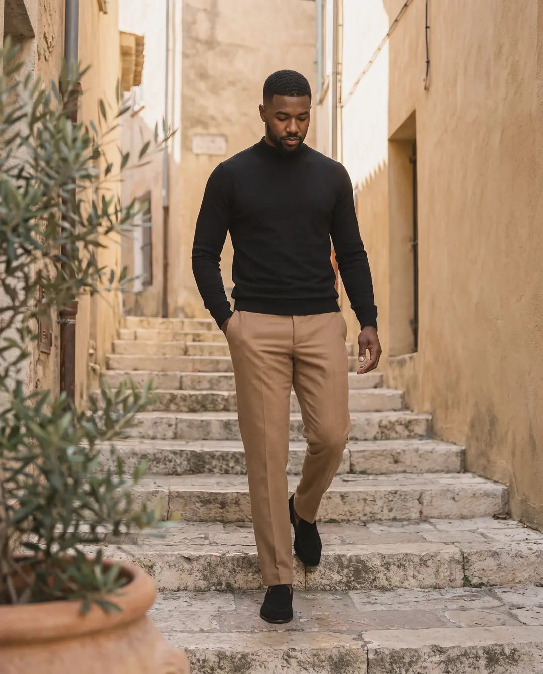 A man in a black mock-neck sweater, camel trousers and black suede loafers walking down worn stone steps between ochre walls
