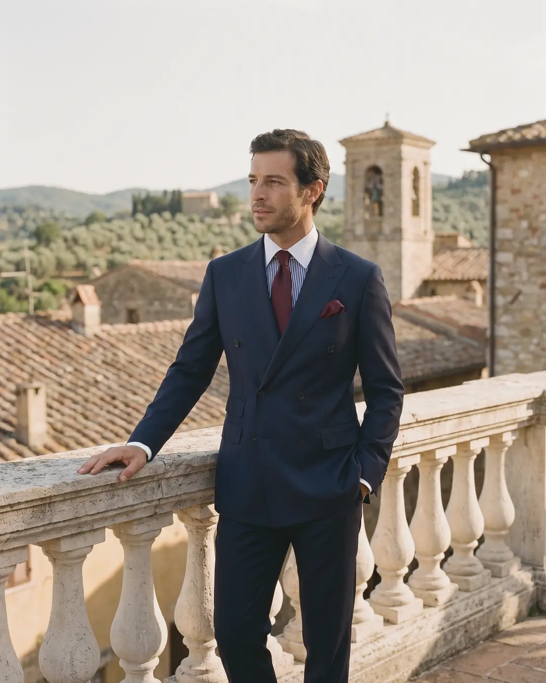 A man in a navy double-breasted suit and burgundy tie leaning on a stone balustrade above terracotta rooftops