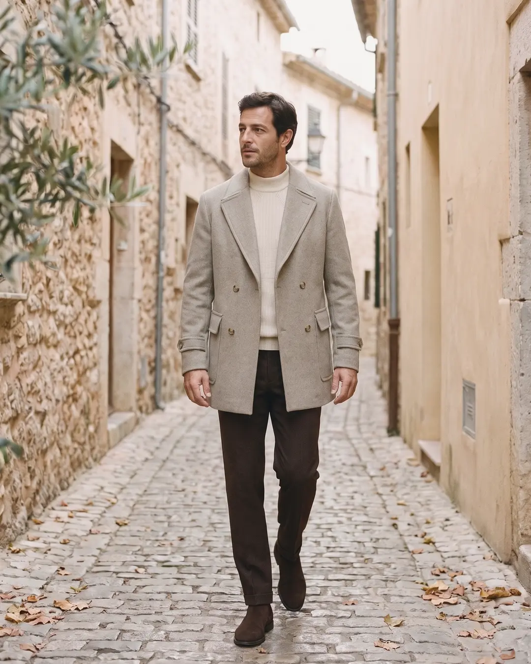 A man in an oatmeal double-breasted wool coat over a cream mock-neck, with dark brown trousers and suede boots, walking down a cobbled lane