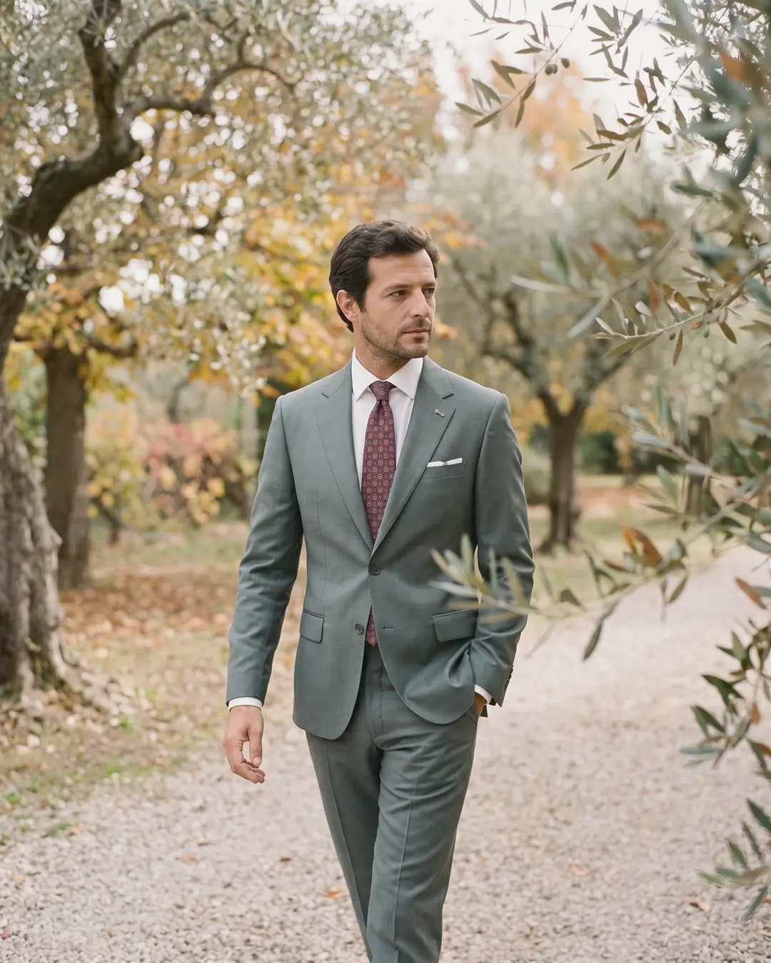 A man in a sage green suit walking a gravel path between olive trees