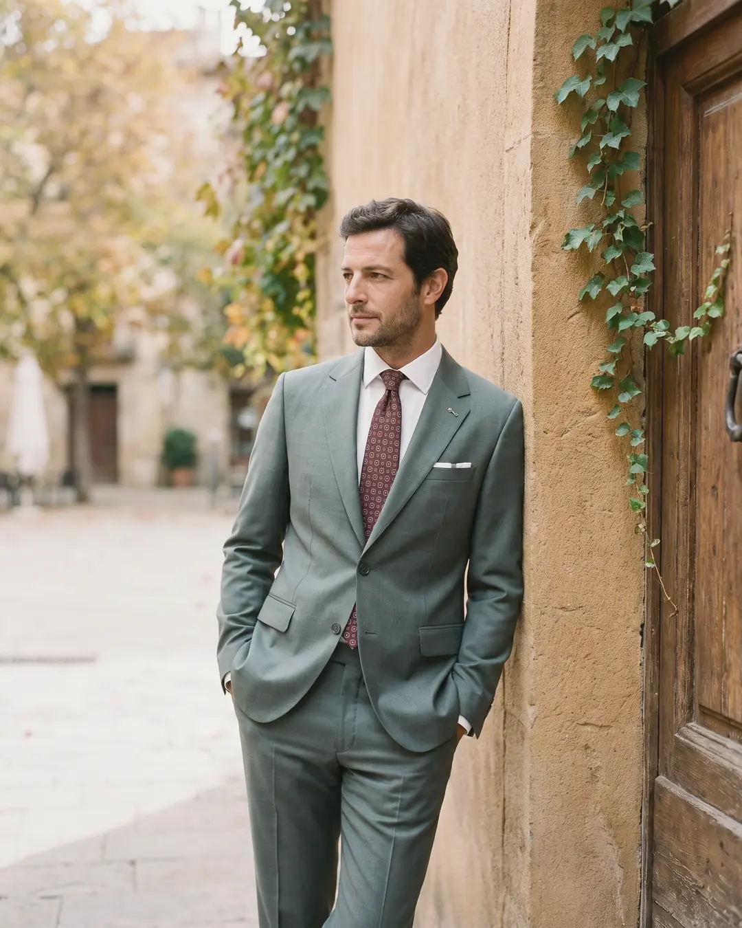 A man in a sage green suit leaning on a sandstone wall in an old town square