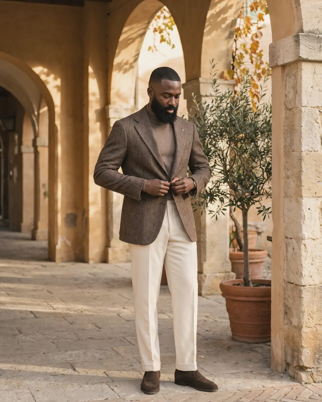 A man fastening a brown herringbone tweed jacket over a taupe mock-neck, with cream trousers and brown suede loafers, under a stone arcade